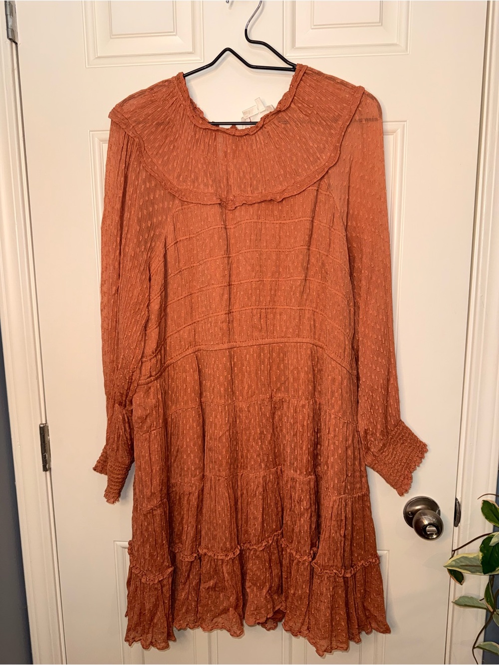 Anthropologie Burnt Orange Ruffled Collar Tiered Long-Sleeve Dress